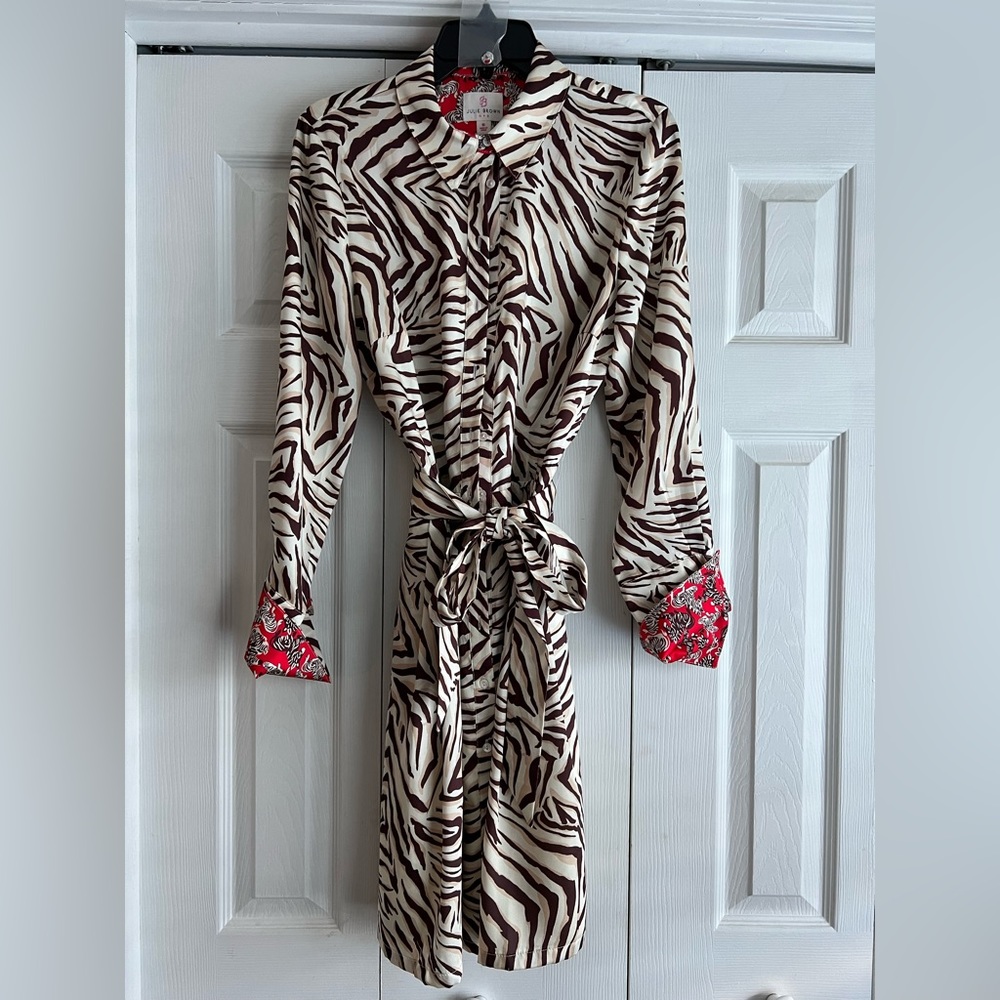JULIE BROWN Mary Jane dress BROWN RIZZO zebra red brown SHIRTDRESS